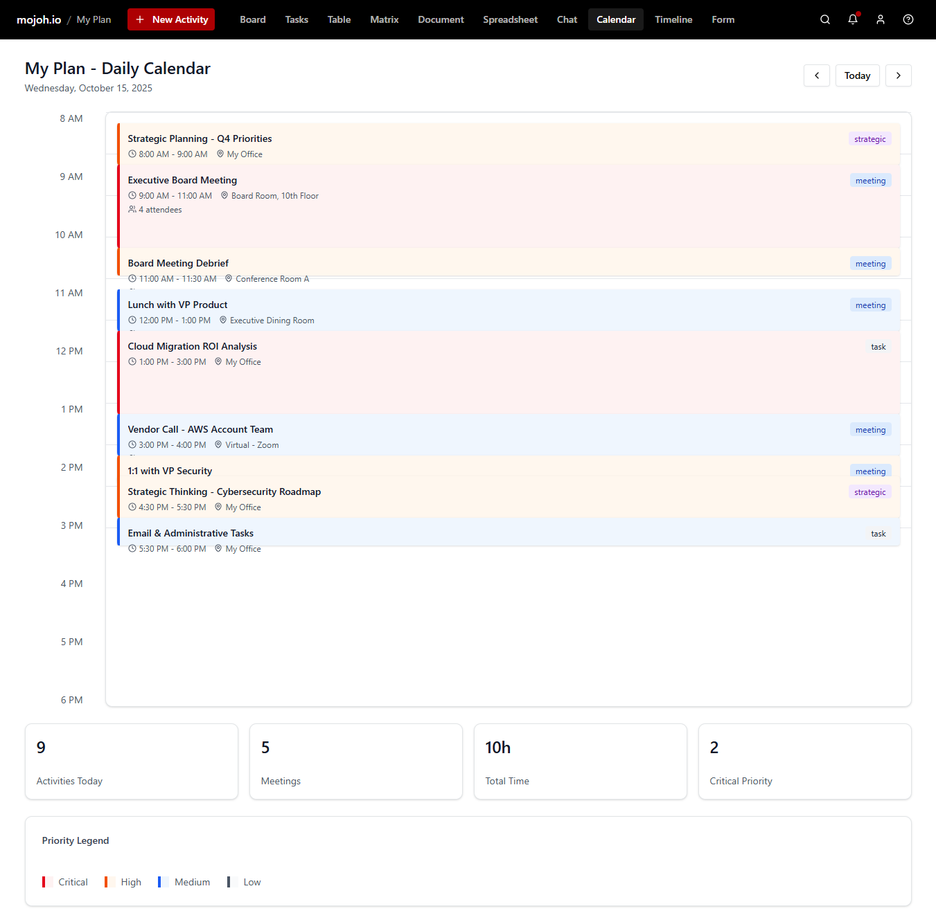 mojoh daily calendar view with scheduled activities and time slots