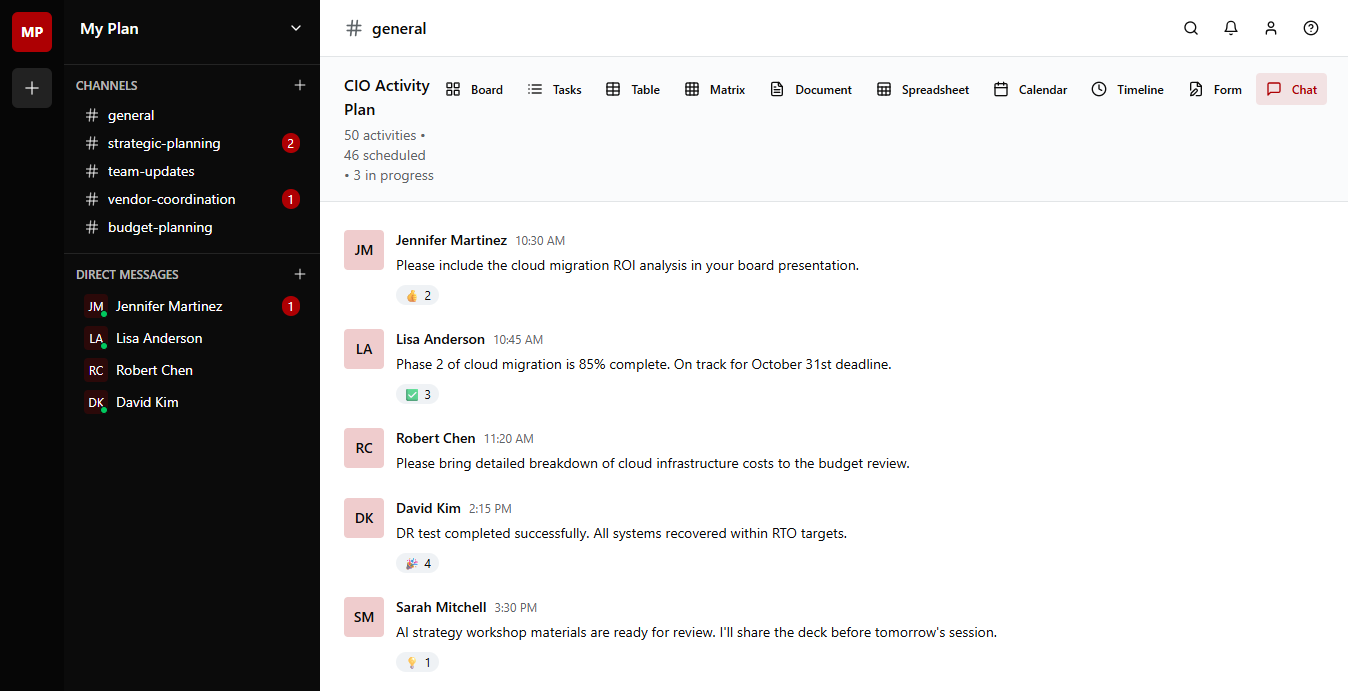 mojoh chat interface with activity feed and team messages