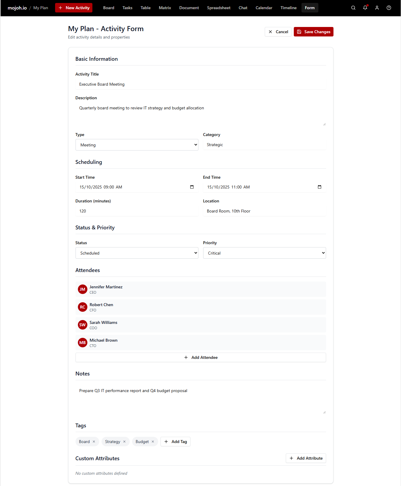 mojoh activity form for editing details and properties