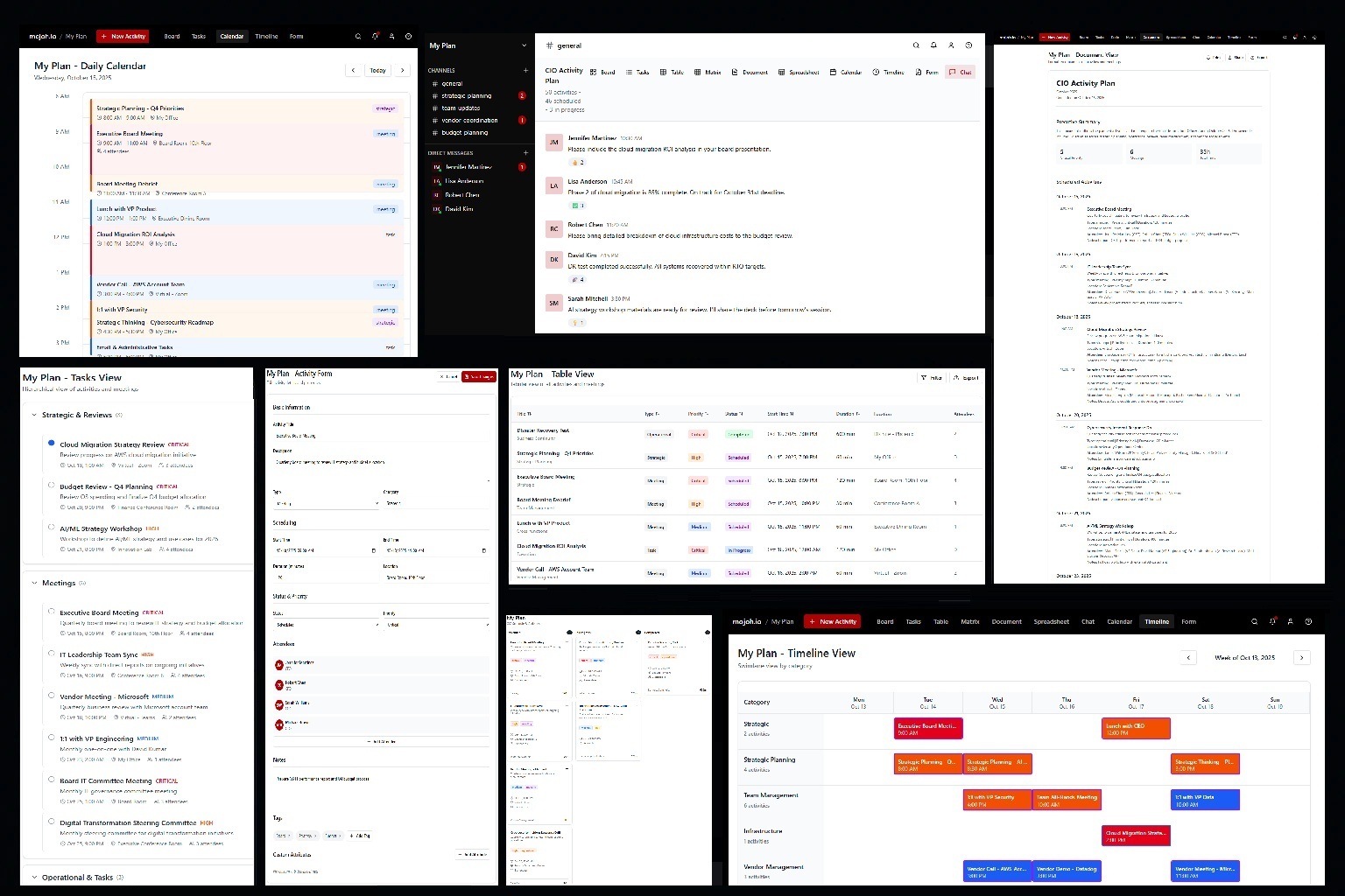 mojoh workspace montage showing 8 different views including calendar, chat, document, tasks, table, timeline, and operational views